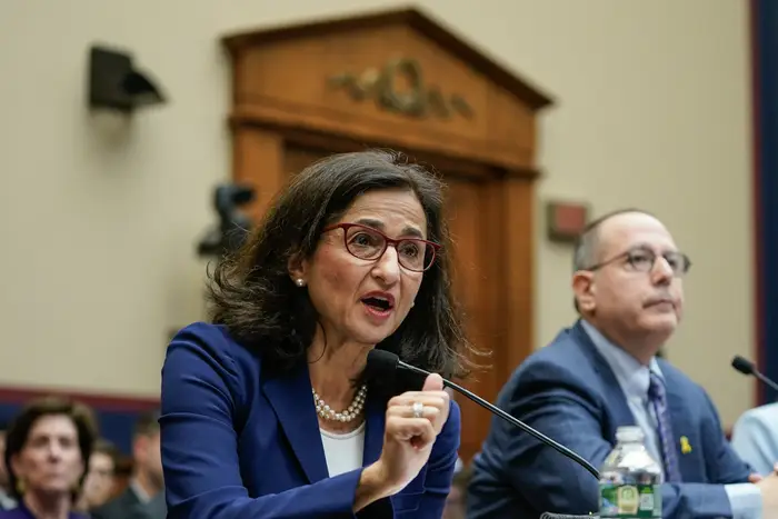 Columbia University president Minouche Shafik testifying before a House Committee on Education on April 17, 2024.